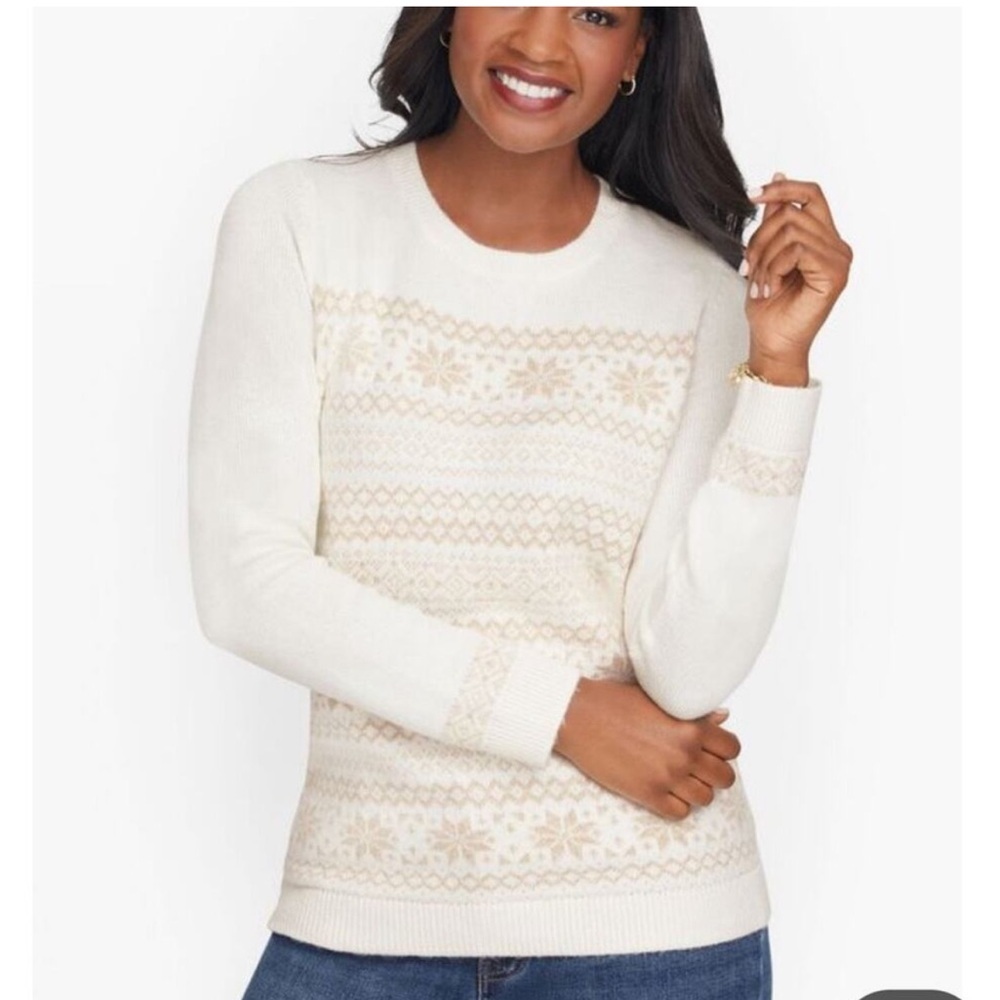 Talbots Women’s Shimmer Snowflake Fair Isle Crewneck Sweater Size‎ XS Cream/Gold
